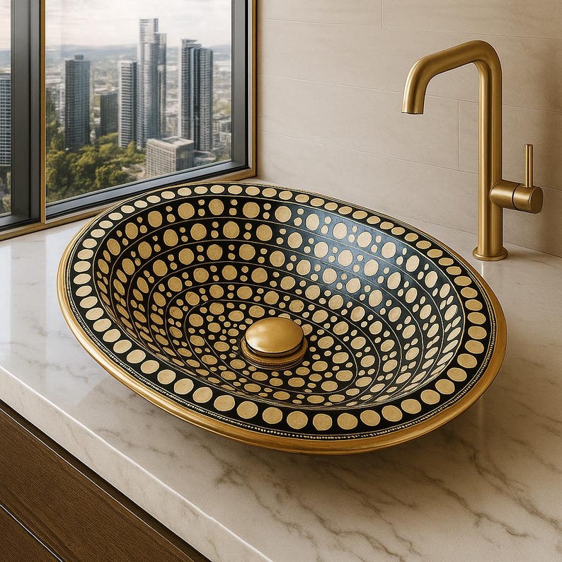 Handmade Brass Drop-In Sink with Overflow – Bone Inlay Vanity Basin