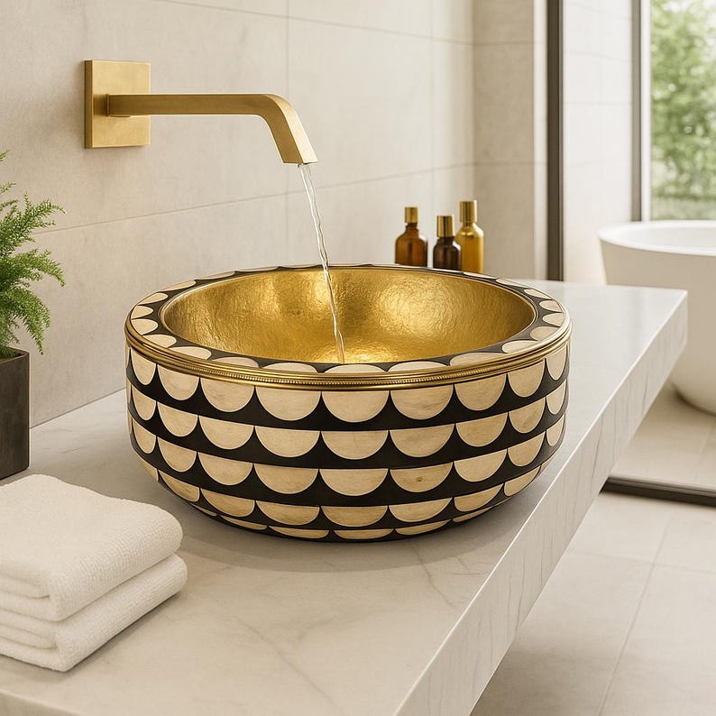 Handmade Brass Round Vessel Sink – Bone & Resin Bathroom Basin