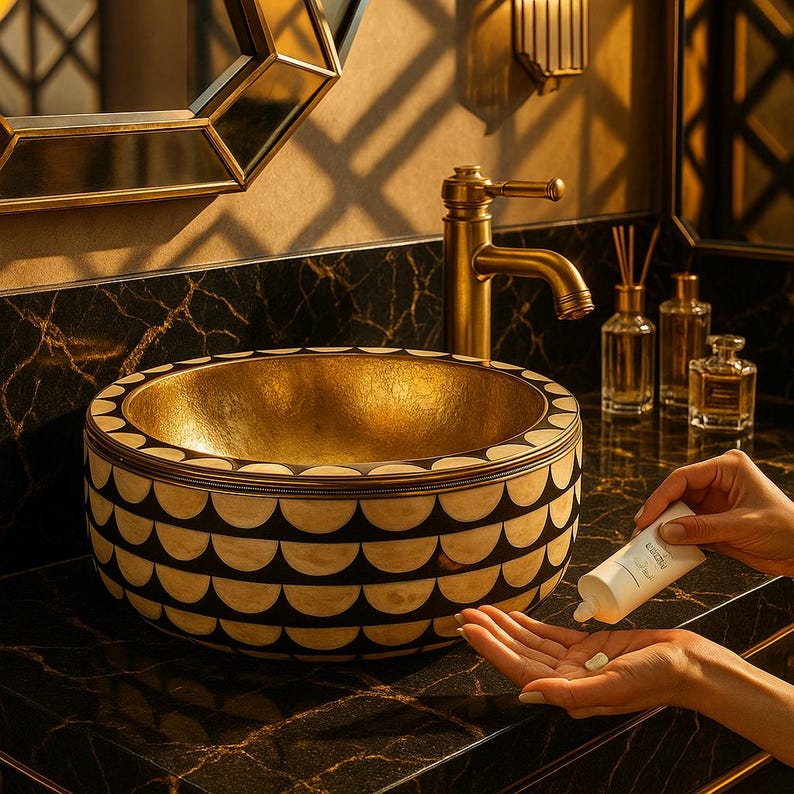 Handmade Brass Round Vessel Sink – Bone & Resin Bathroom Basin