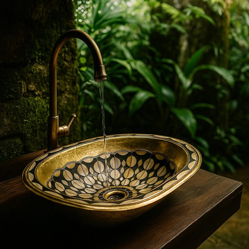 Handmade Moroccan Brass Oval Sink – Bone & Resin Vessel Basin