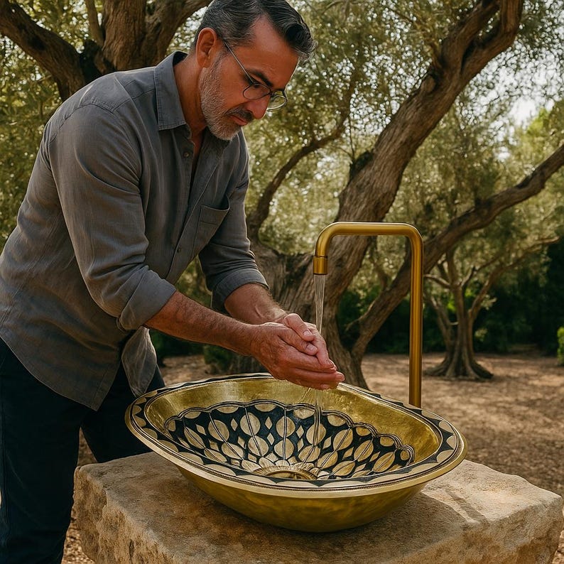 Handmade Moroccan Brass Oval Sink – Bone & Resin Vessel Basin