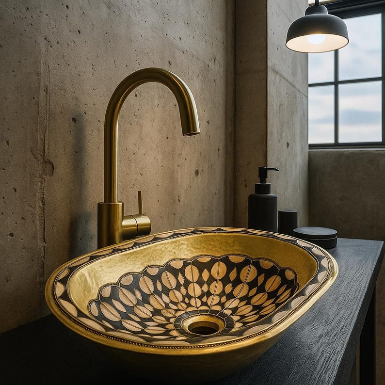 Handmade Moroccan Brass Oval Sink – Bone & Resin Vessel Basin