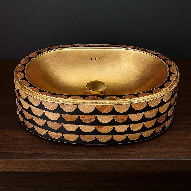 Luxury Oval Brass Vessel Sink – Bone & Resin Inlay Basin