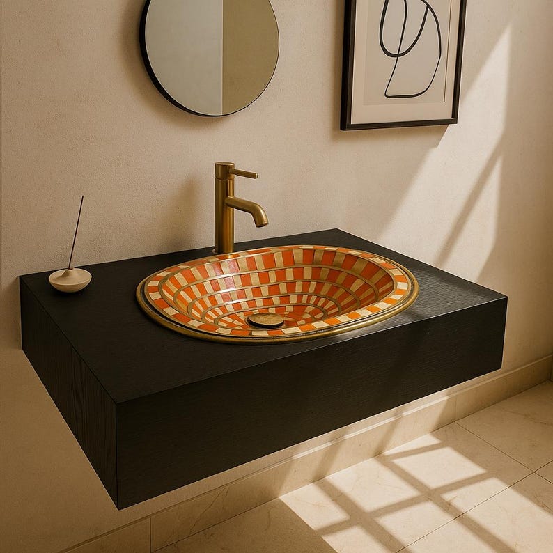Orange Resin Bone Inlay Sink – Handmade Brass Vanity Basin