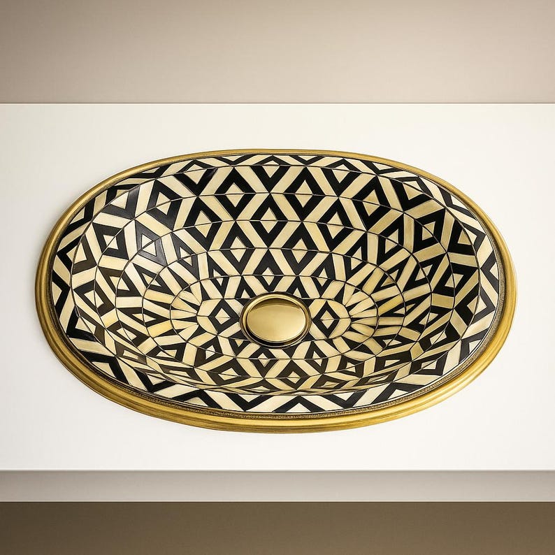 Black and gold brass sink with bone resin flower inlay