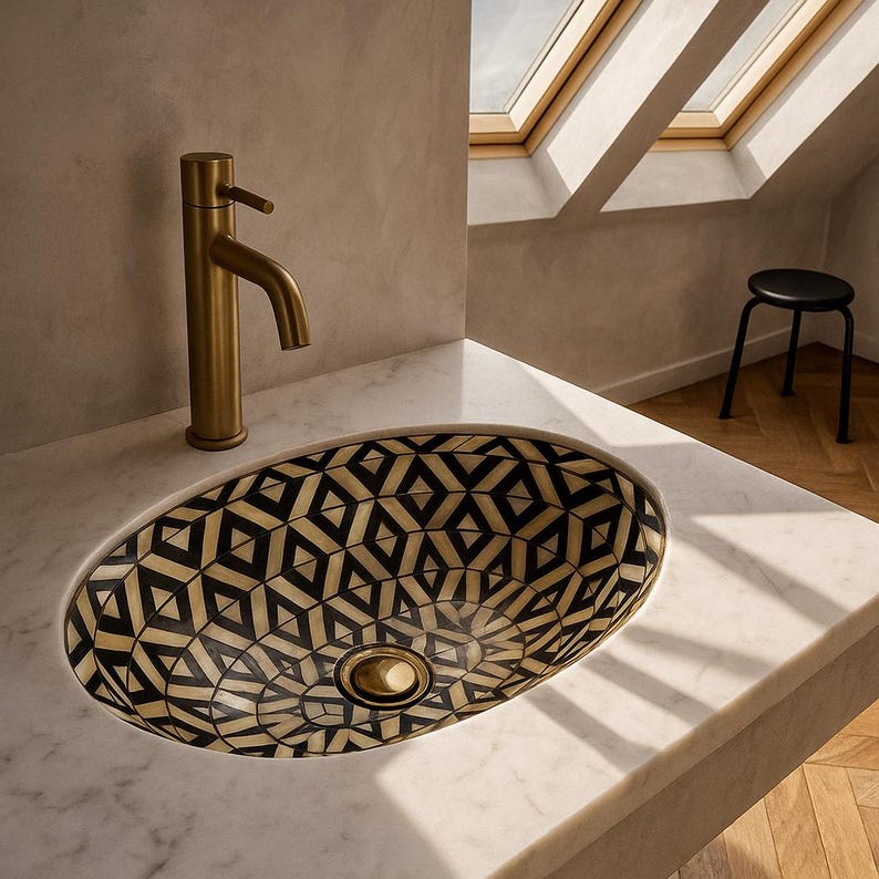 Black Bone Inlay Brass Sink – Oval Drop-In Bathroom Basin