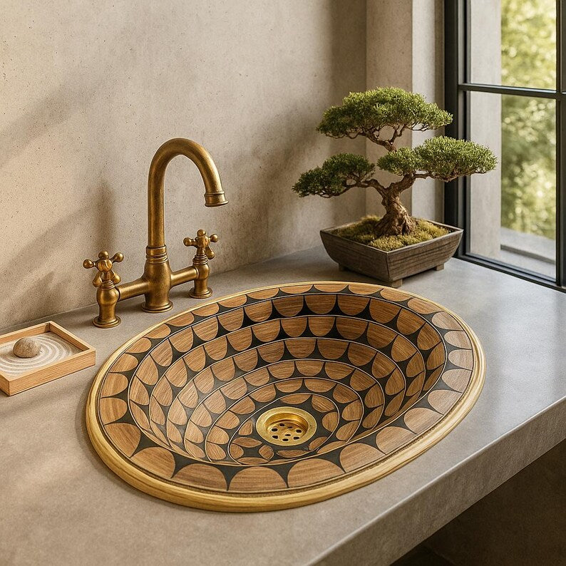 Brass Bone Inlay Oval Bathroom Sink – Handmade Drop-In Basin