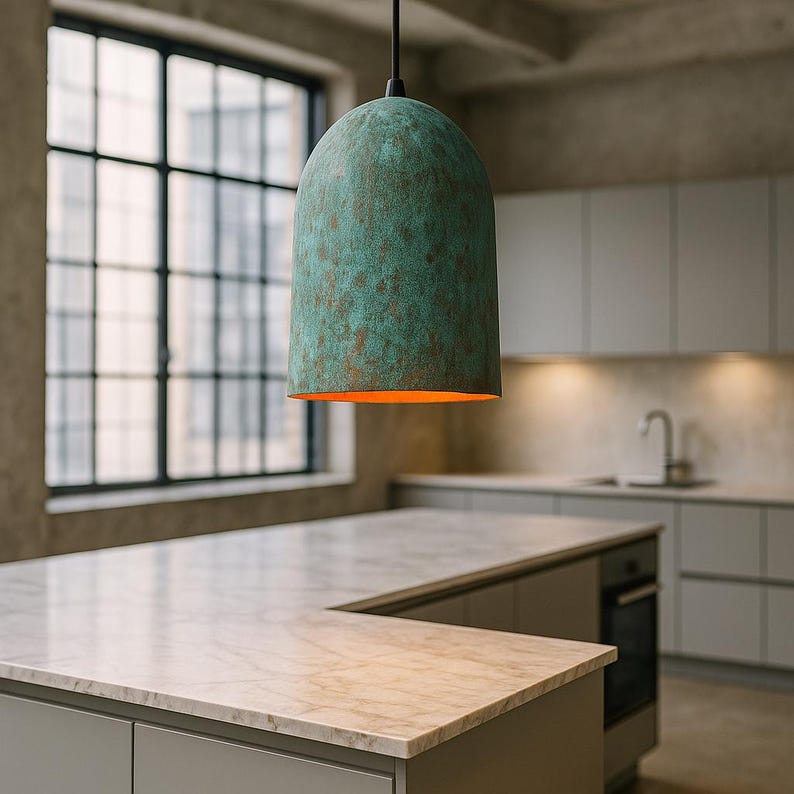 Patinated Copper Pendant Light – Blue-Green Dome Ceiling Lamp