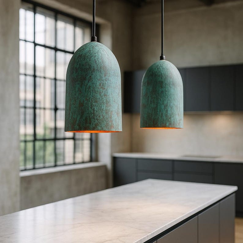 Patinated Copper Pendant Light – Blue-Green Dome Ceiling Lamp