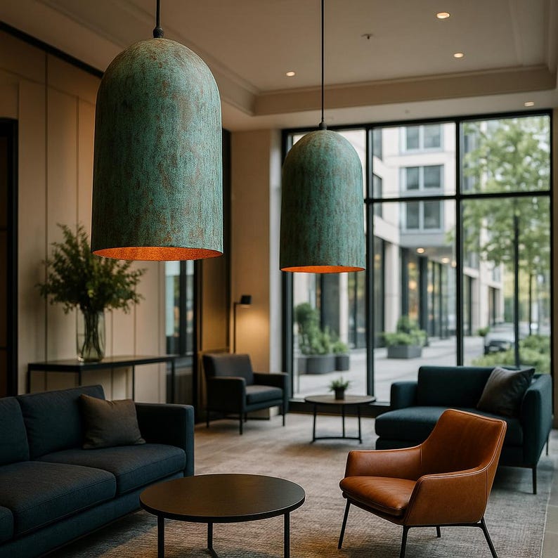 Patinated Copper Pendant Light – Blue-Green Dome Ceiling Lamp