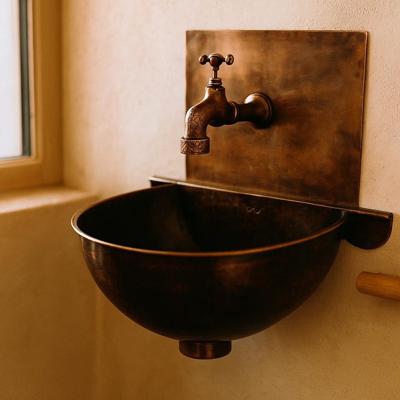 Rustic Moroccan Copper Wall-Mounted Sink with Backplate & Brass Faucet