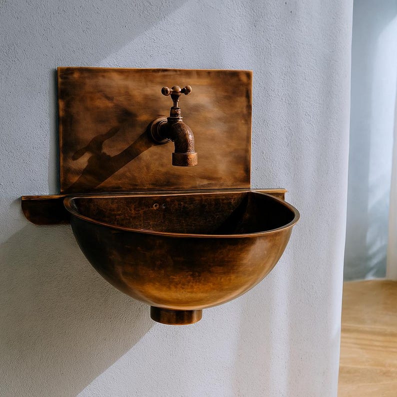 Rustic Moroccan Copper Wall-Mounted Sink with Backplate & Brass Faucet