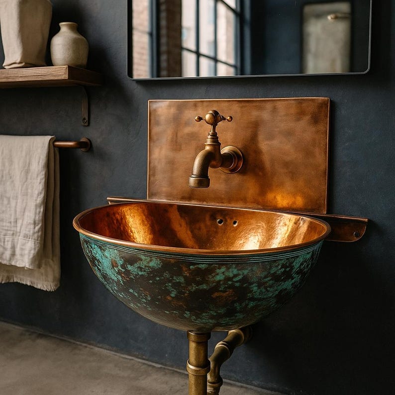 Handcrafted Moroccan Copper Wall Sink – Antique Patina Bathroom Basin