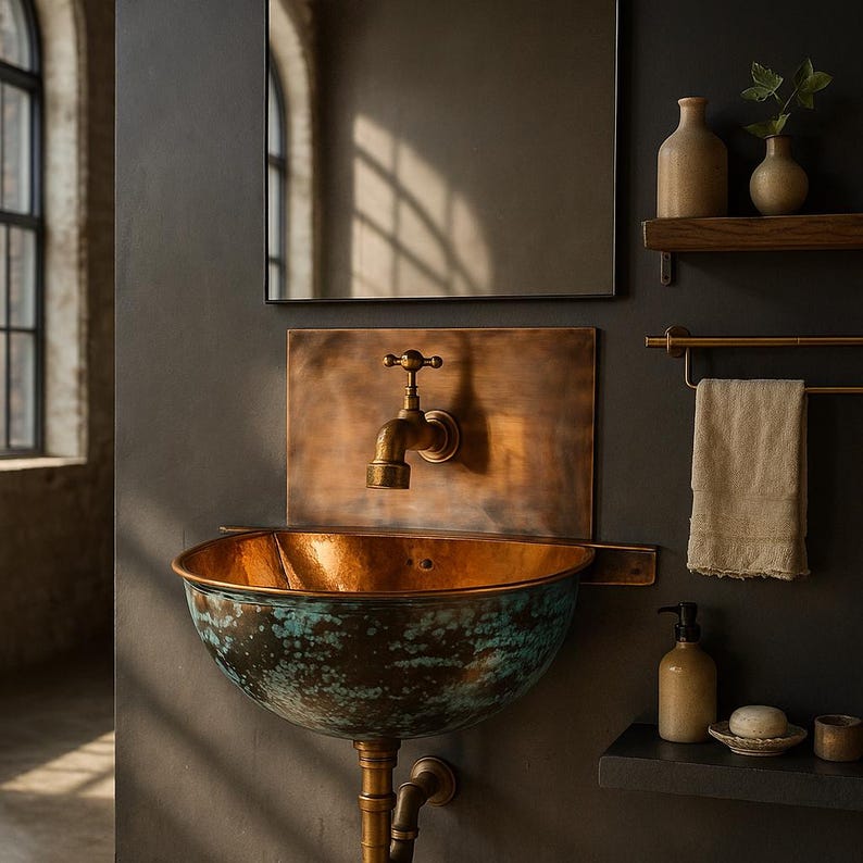 Handcrafted Moroccan Copper Wall Sink – Antique Patina Bathroom Basin