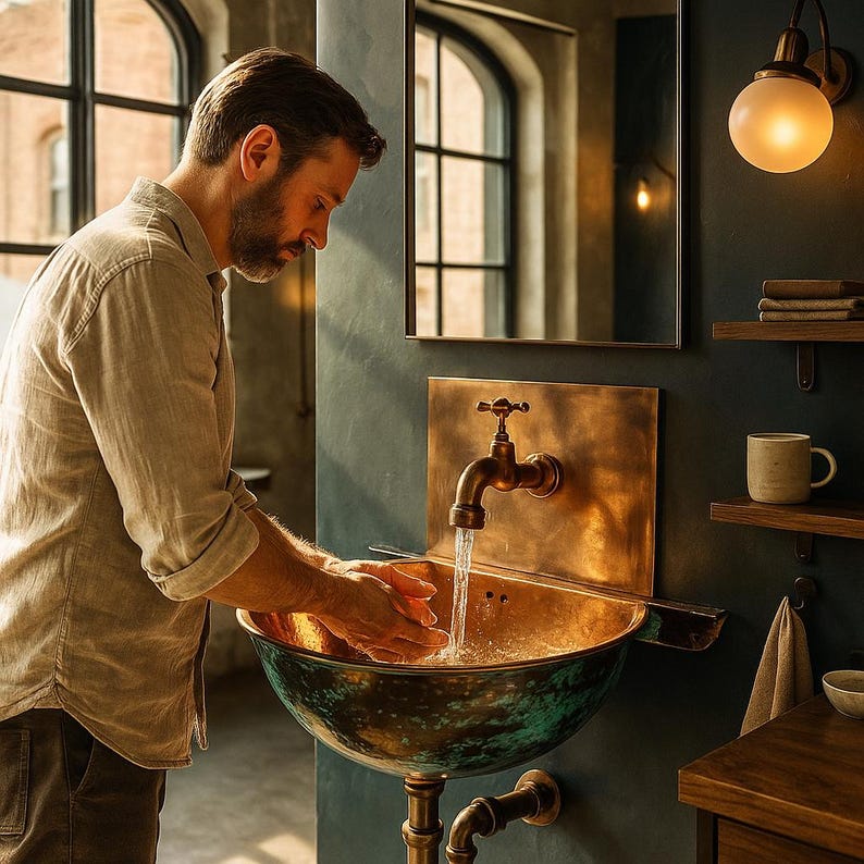 Handcrafted Moroccan Copper Wall Sink – Antique Patina Bathroom Basin