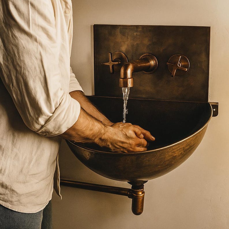 Wall Mounted Moroccan Copper Sink Set – Handmade Rustic Vanity Combo