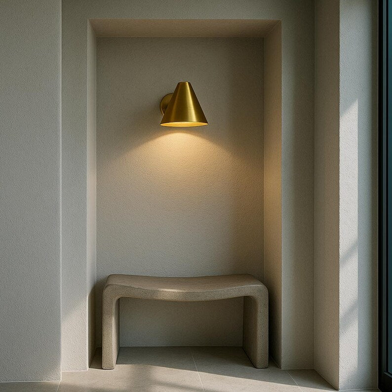 Brushed brass cone wall sconce with funnel shade – mid-century modern lighting

