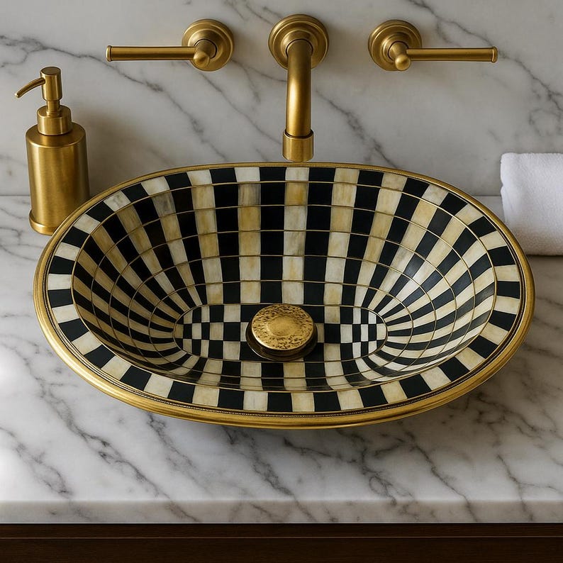 Handmade Brass & Bone Vessel Sink – Oval Inlay Vanity Basin