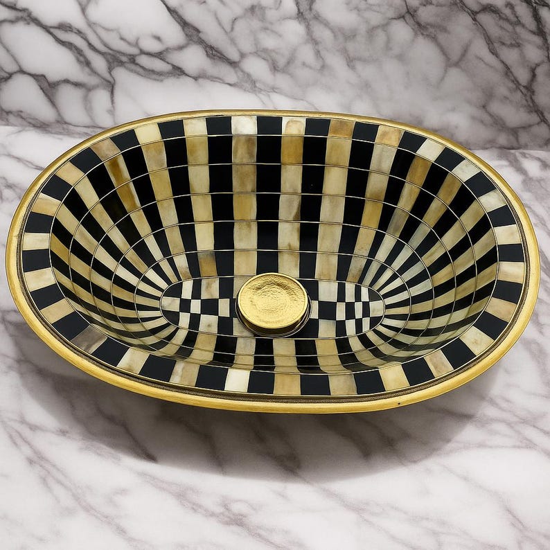 Handmade Brass & Bone Vessel Sink – Oval Inlay Vanity Basin