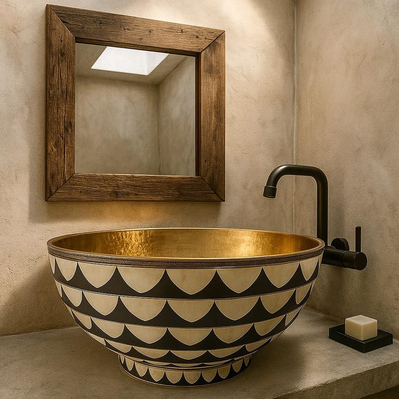 Handmade Brass & Bone Vessel Sink – Round Resin Inlay Vanity Bowl