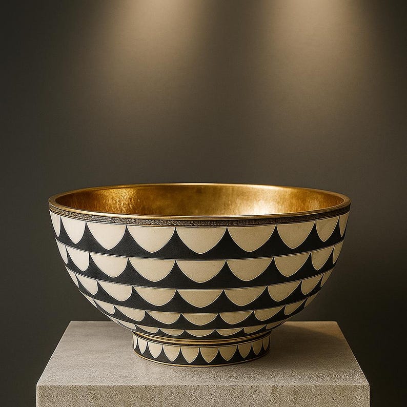 Handmade Brass & Bone Vessel Sink – Round Resin Inlay Vanity Bowl