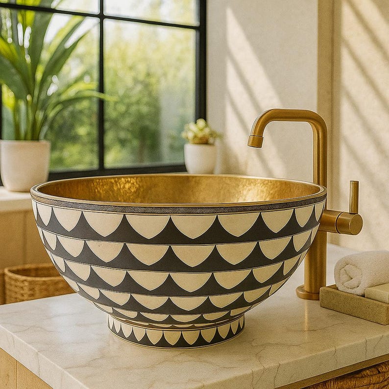 Handmade Brass & Bone Vessel Sink – Round Resin Inlay Vanity Bowl