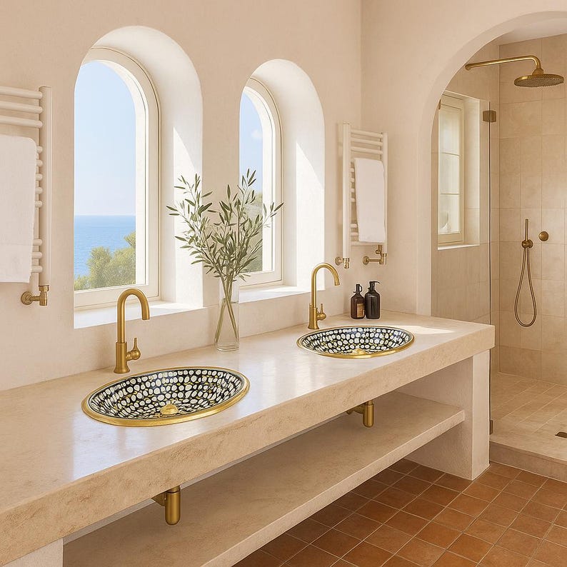 Handmade Brass Drop-In Sink with Overflow – Bone Inlay Vanity Basin