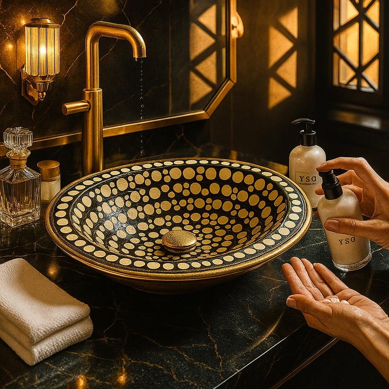 Handmade Brass Drop-In Sink with Overflow – Bone Inlay Vanity Basin