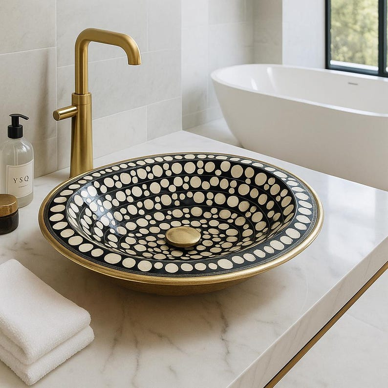Handmade Brass Drop-In Sink with Overflow – Bone Inlay Vanity Basin