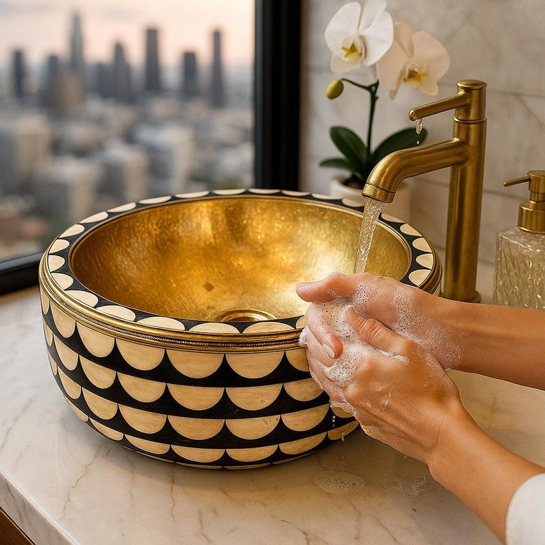 Handmade Brass Round Vessel Sink – Bone & Resin Bathroom Basin