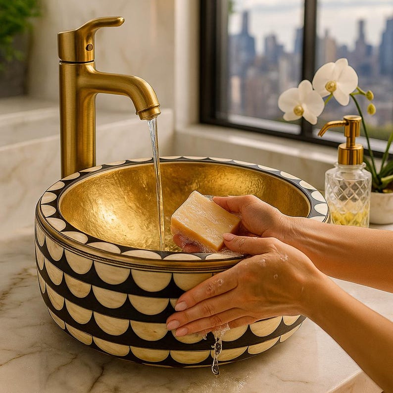 Handmade Brass Round Vessel Sink – Bone & Resin Bathroom Basin