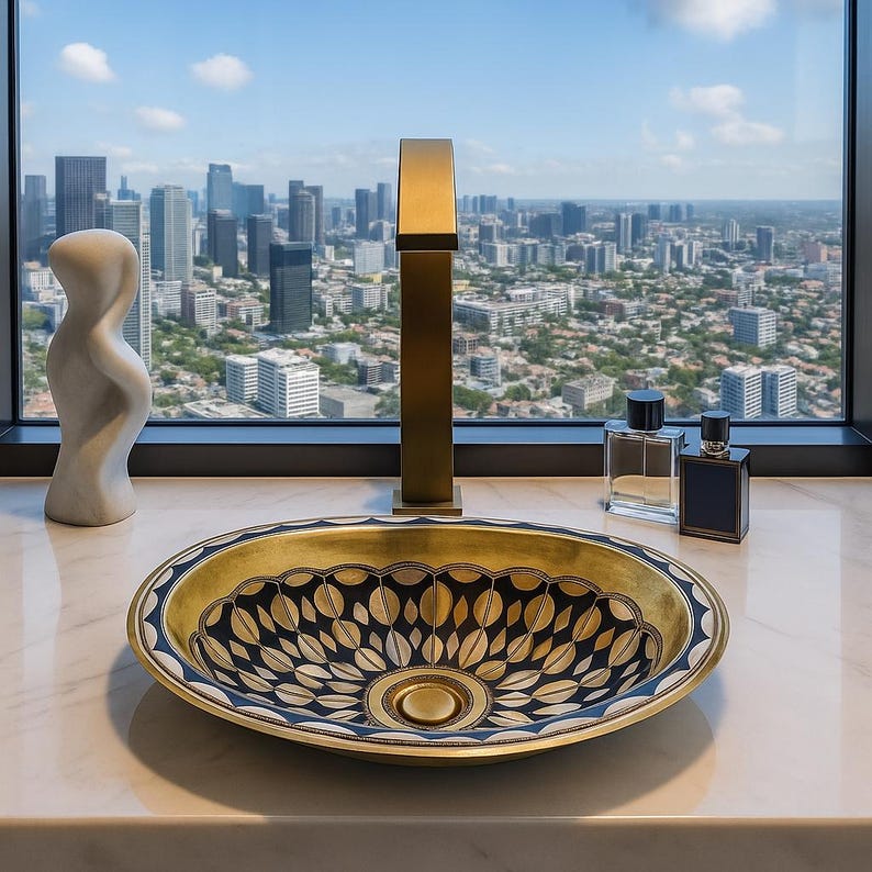 Handmade Moroccan Brass Oval Sink – Bone & Resin Vessel Basin