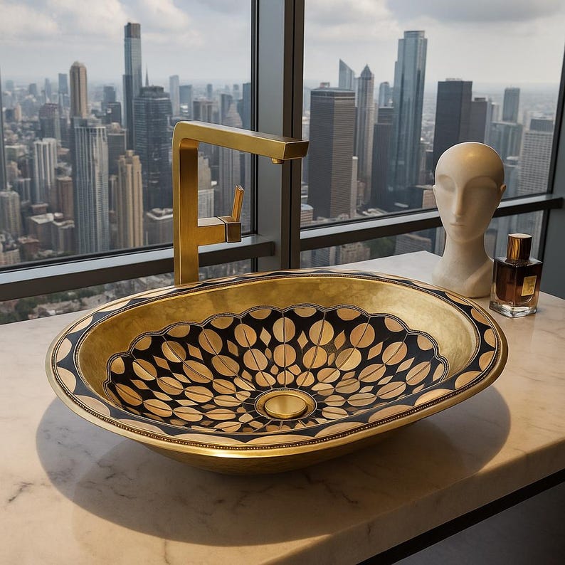 Handmade Moroccan Brass Oval Sink – Bone & Resin Vessel Basin