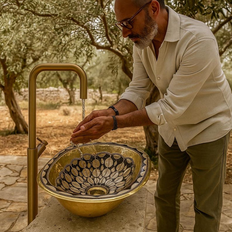 Handmade Moroccan Brass Oval Sink – Bone & Resin Vessel Basin