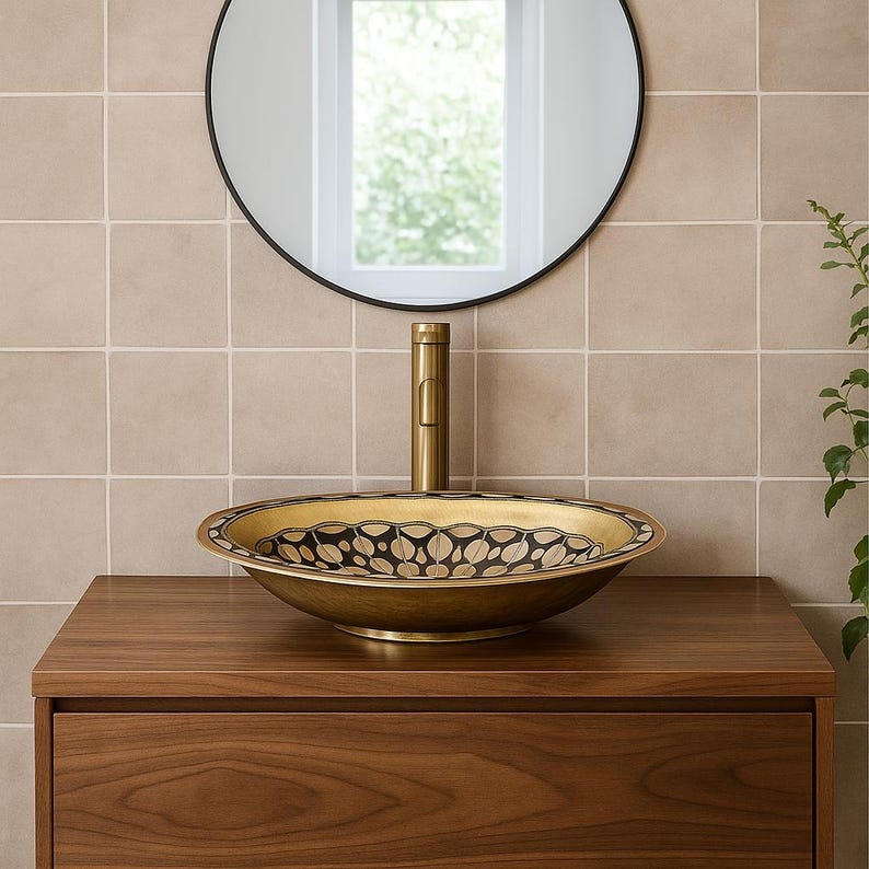 Handmade Moroccan Brass Oval Sink – Bone & Resin Vessel Basin