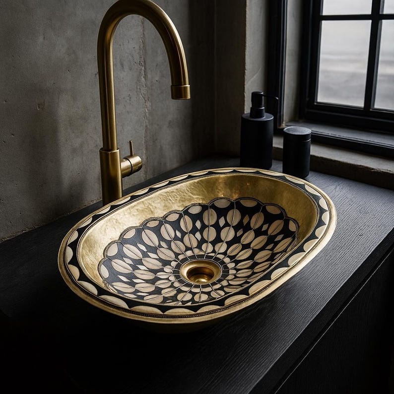 Handmade Moroccan Brass Oval Sink – Bone & Resin Vessel Basin