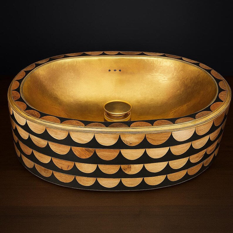 Luxury Oval Brass Vessel Sink – Bone & Resin Inlay Basin