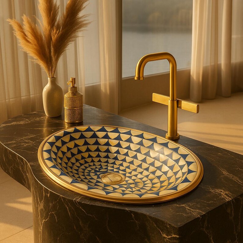 Moroccan artisan sink with blue bone and brass detailing