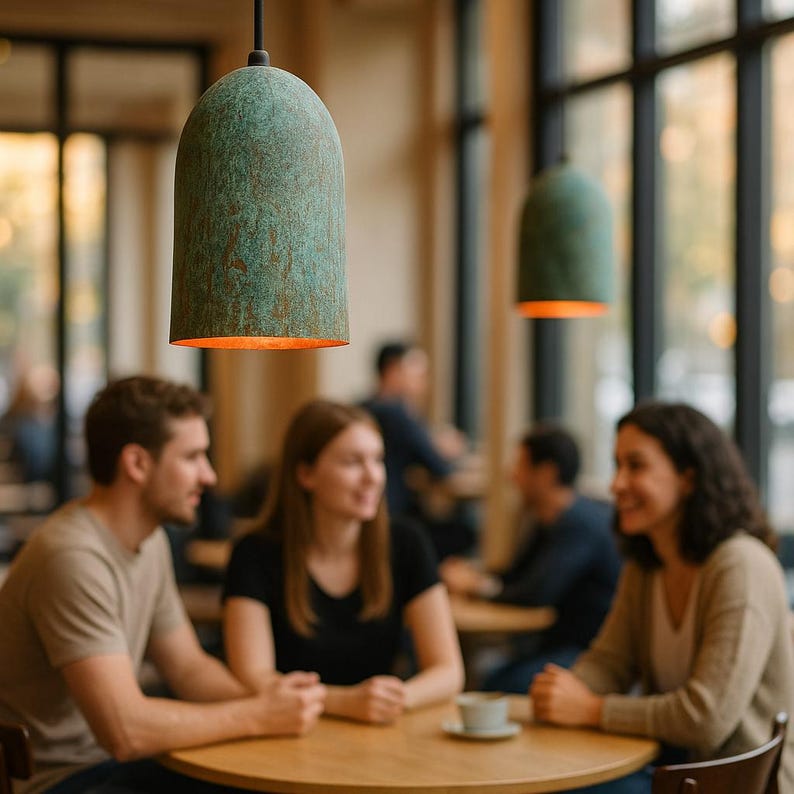 Patinated Copper Pendant Light – Blue-Green Dome Ceiling Lamp