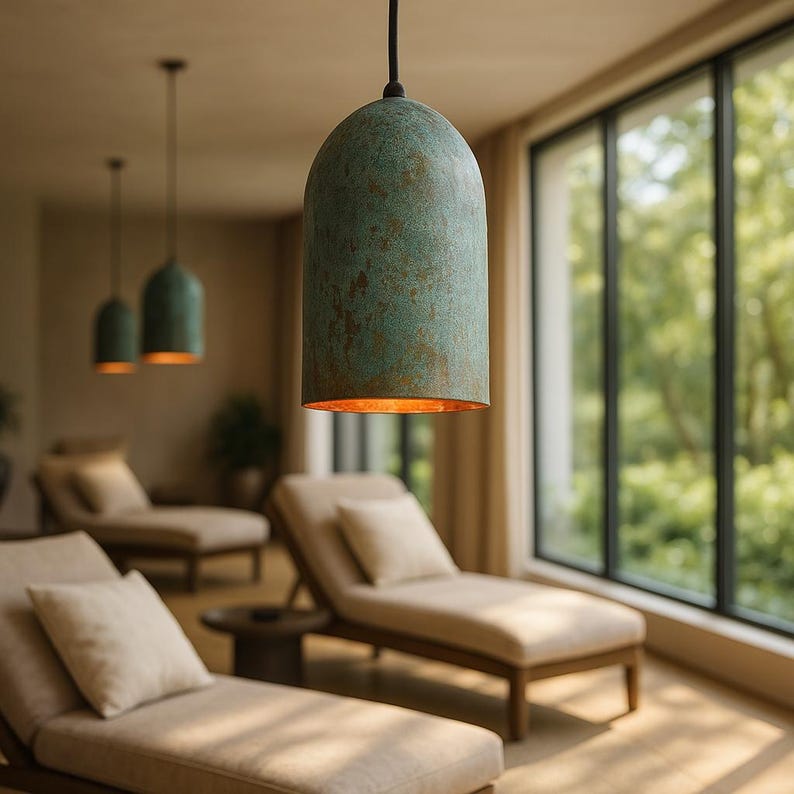Patinated Copper Pendant Light – Blue-Green Dome Ceiling Lamp