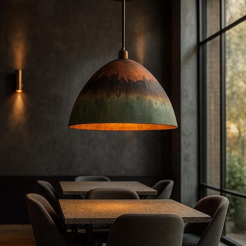 Oxidized Gradient Copper Dome Pendant Light – Rustic Patina Ceiling Lamp