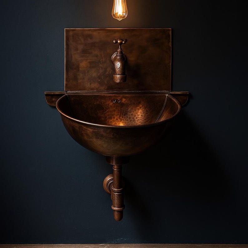 Rustic Moroccan Copper Wall-Mounted Sink with Backplate & Brass Faucet