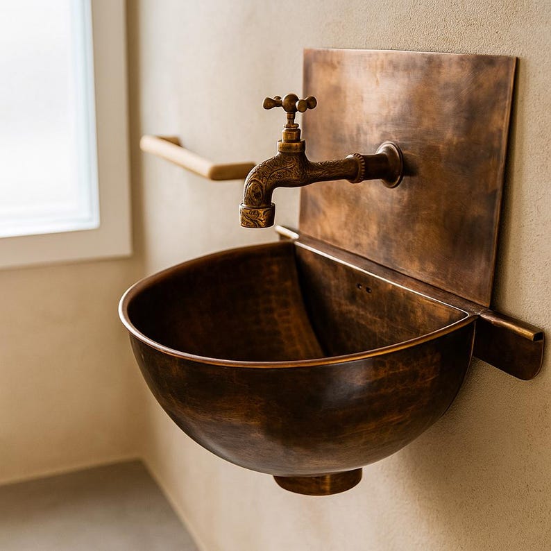 Rustic Moroccan Copper Wall-Mounted Sink with Backplate & Brass Faucet