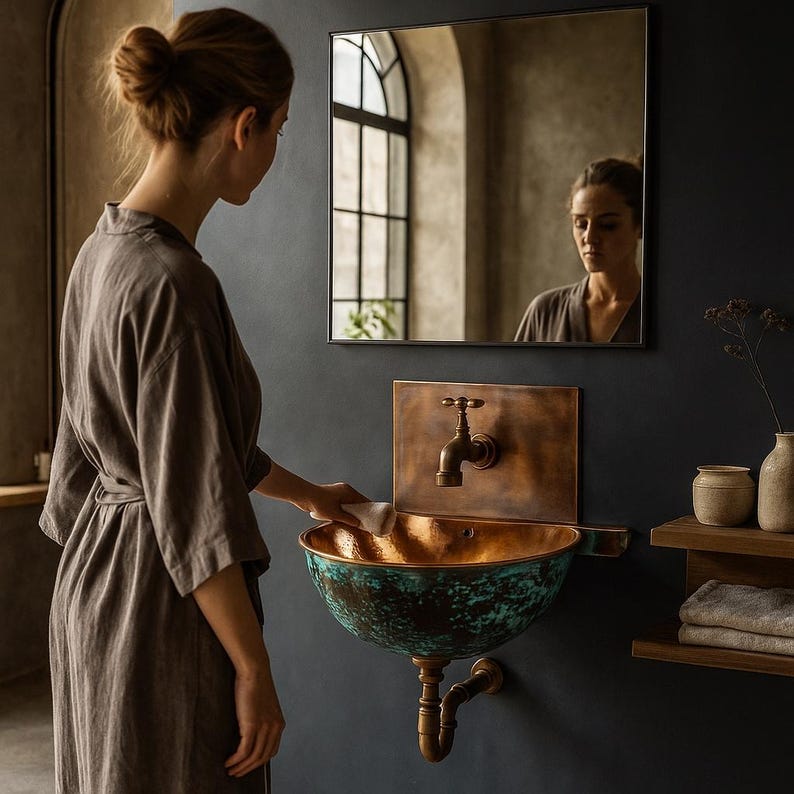 Handcrafted Moroccan Copper Wall Sink – Antique Patina Bathroom Basin