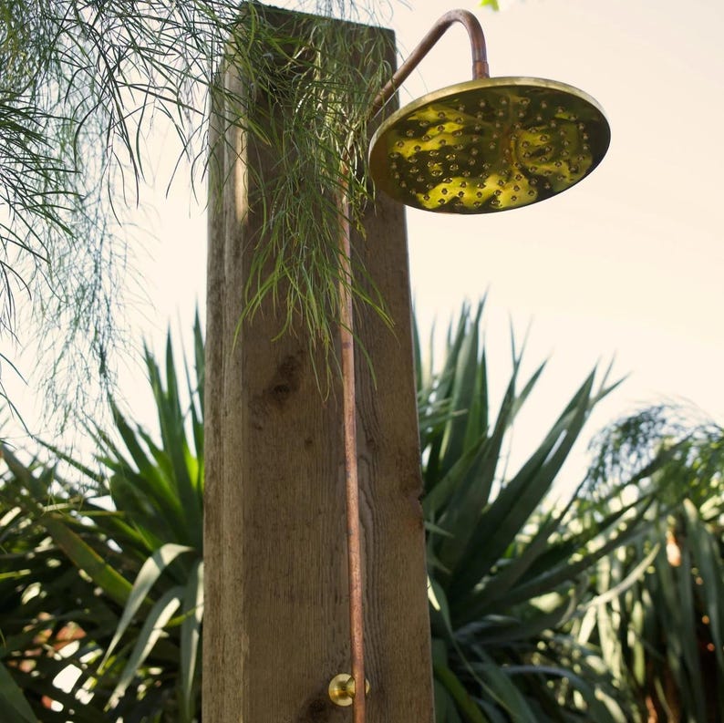 Slim Copper Outdoor Shower with Brass Head – Handmade Garden Fixture