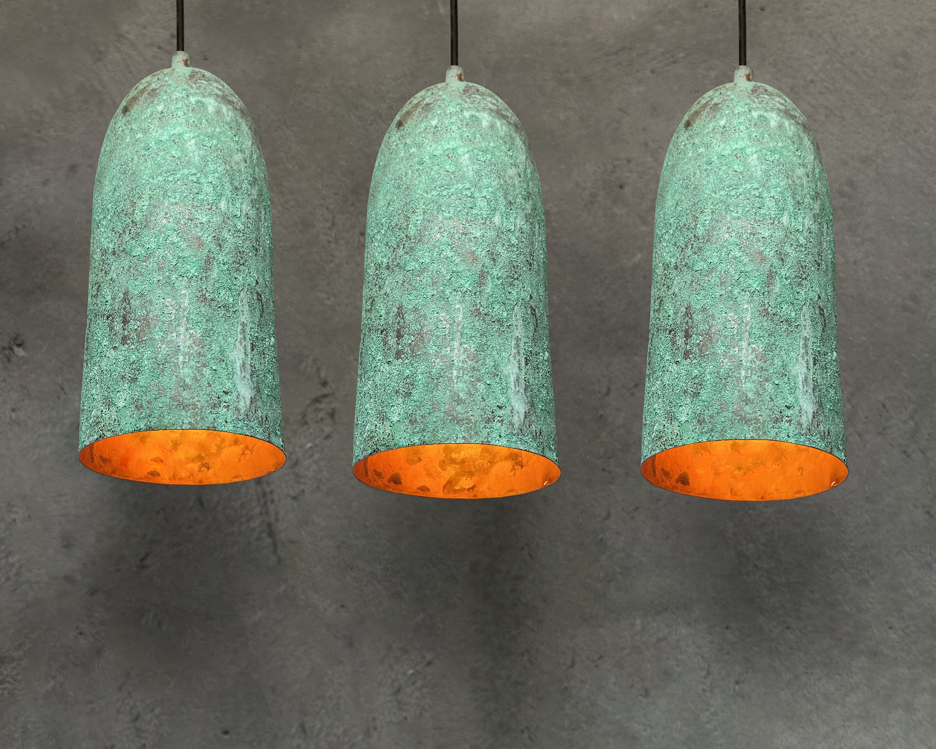 Set Of 3 Oxidized Copper Pendant Lights, Green Patina Farmhouse Light Fixture, Set Of Three Farmhouse  Hanging  Lamps