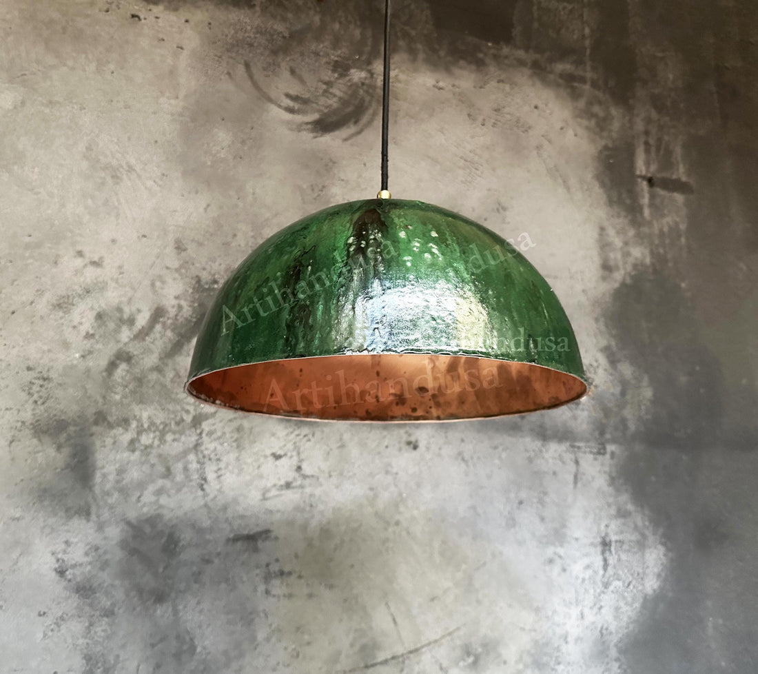 Green Ceramic Copper Island Kitchen Lighting, Green Dome Pendant Light