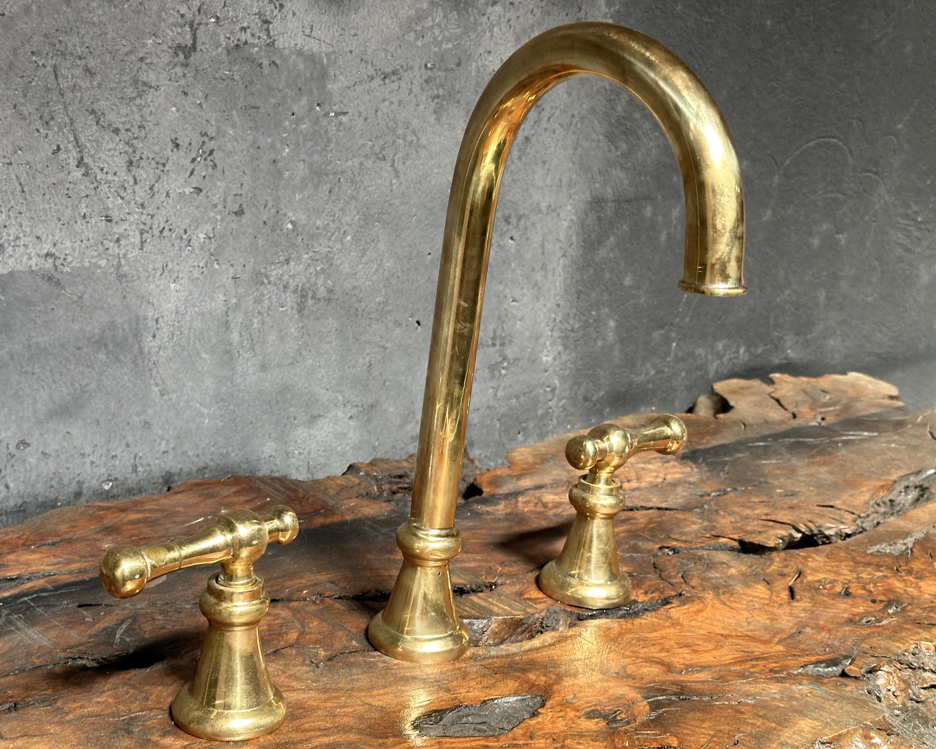 3 Hole Unlacquered Brass Bathroom Faucet, Widespread Brass Bathroom Faucet, Victorian Bathroom Sink Faucet