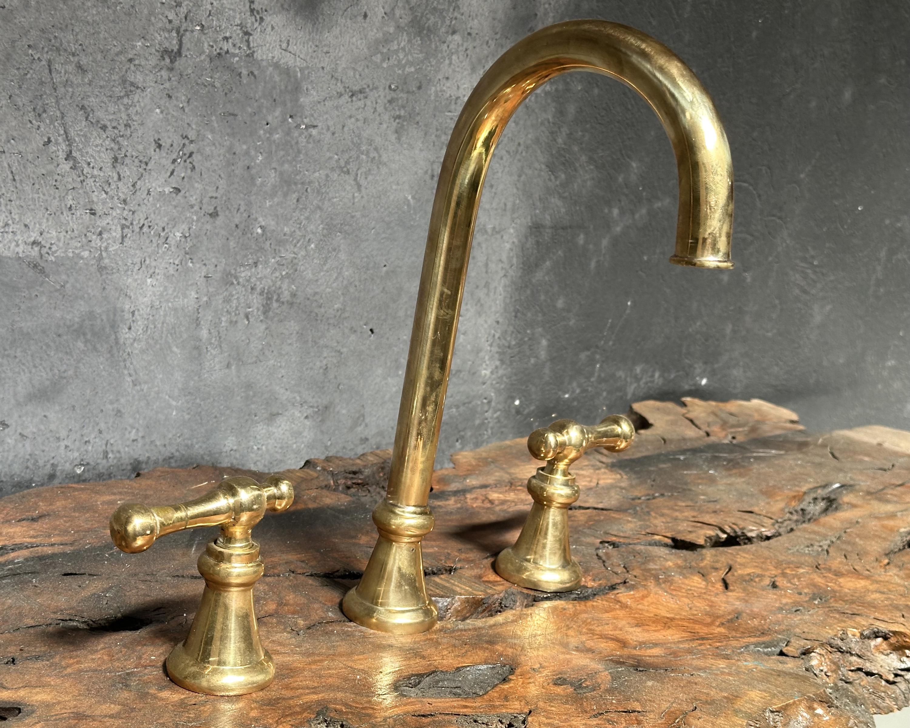 3 Hole Unlacquered Brass Bathroom Faucet, Widespread Brass Bathroom Faucet, Victorian Bathroom Sink Faucet