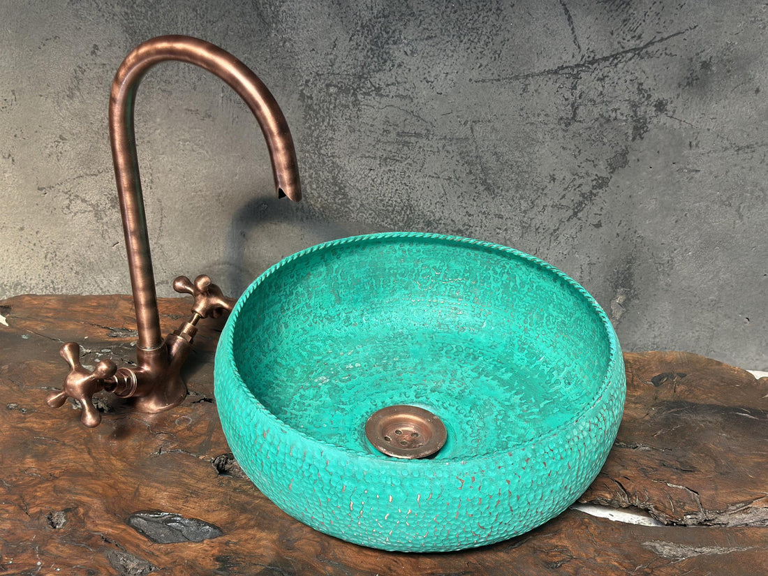 Handmade Turquoise Patina Copper Sink ,Hammered Verdigris Copper Sink for vanity